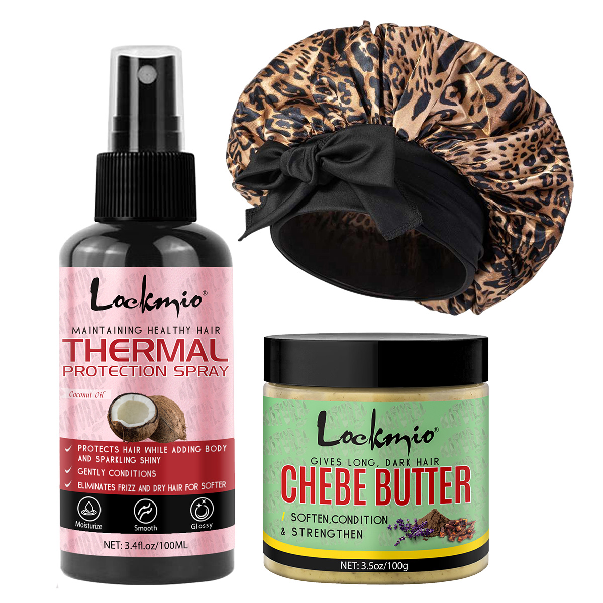 Hair Care Natural Ingredients - สเปรย์ป้องกันความร้อน เชเบ บัตเตอร์ หมวกซาตินลายเสือดาว ชุดผลิตภัณฑ์ดูแลเส้นผมจากส่วนผสมธรรมชาติ เพื่อผมเรียบลื่นและชุ่มชื้น